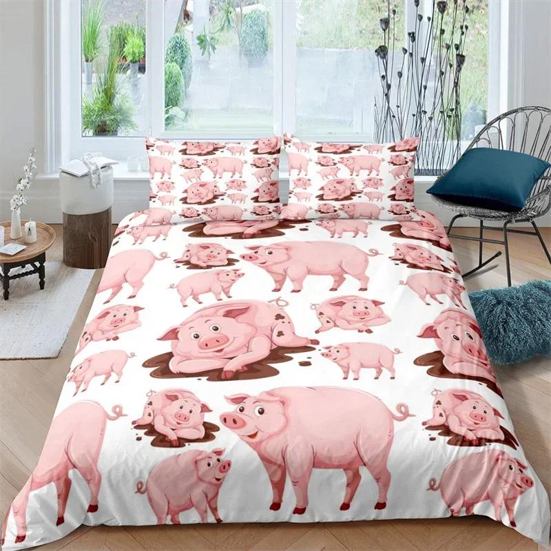 Farm Animal Duvet Cover Kawaii Pig Bedding Set Polyester Pigs Floral Comforter Cover Twin King For Teen Boy Girl Gift Room Decor