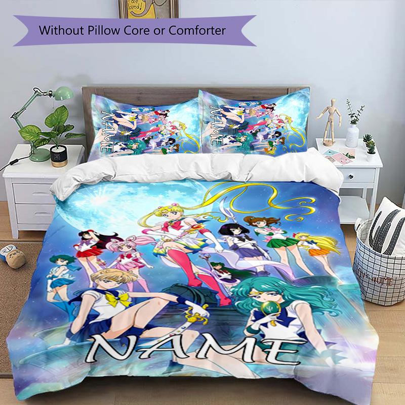 3pcs Sailor Moon 2 Cover Set - Personalized Name, HD Printed Bedding with 1 Cover and 2 Pillowcases - Perfect for Home Decor, Easy Care
