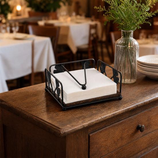 Serviettenhalter, mit rutschfester Holzbasis und beschwertem Arm, leicht zugänglicher quadratischer Eisen-Serviettenständer, für Restaurants Cafés Hotels