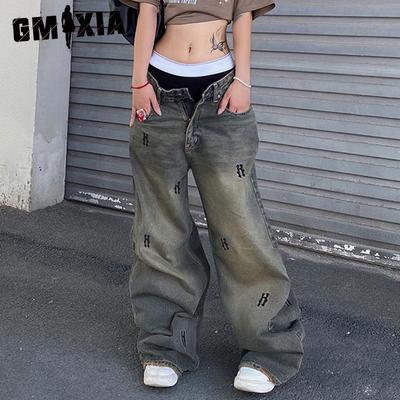 Low-waisted Retro Do Old Print Simple Letter Jeans Street Loose Casual Wide-leg Trousers for Women