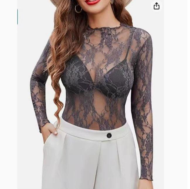 2025 Women s Fashion Lace See-through Pullover Top with Long Sleeves XL