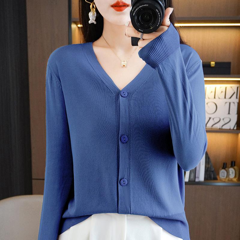 IHUASU Summer Thin Long-sleeved Ice Silk Knitted Women Cardigan Jacket Sun Shirt Air Conditioning Shirt with Skirt V-neck Outwear Tops