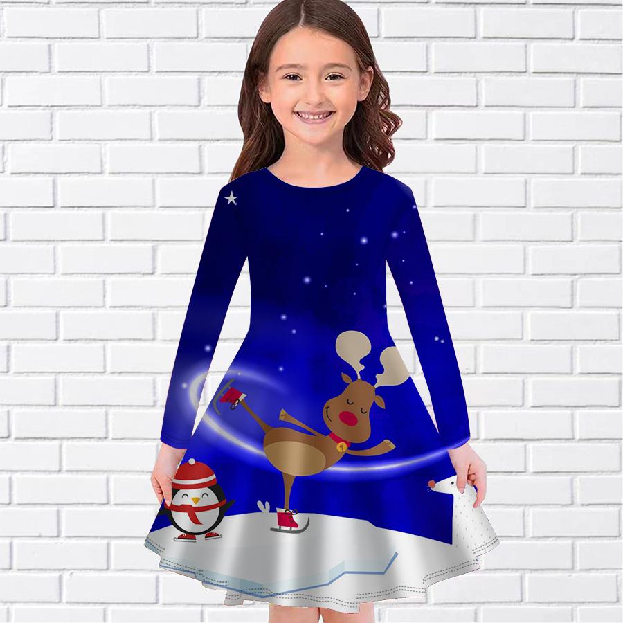 Mädchen Lässig Weihnachten Hauslieferung Print Rundhals Langarm Kleid Kind Prinzessinnenkleid