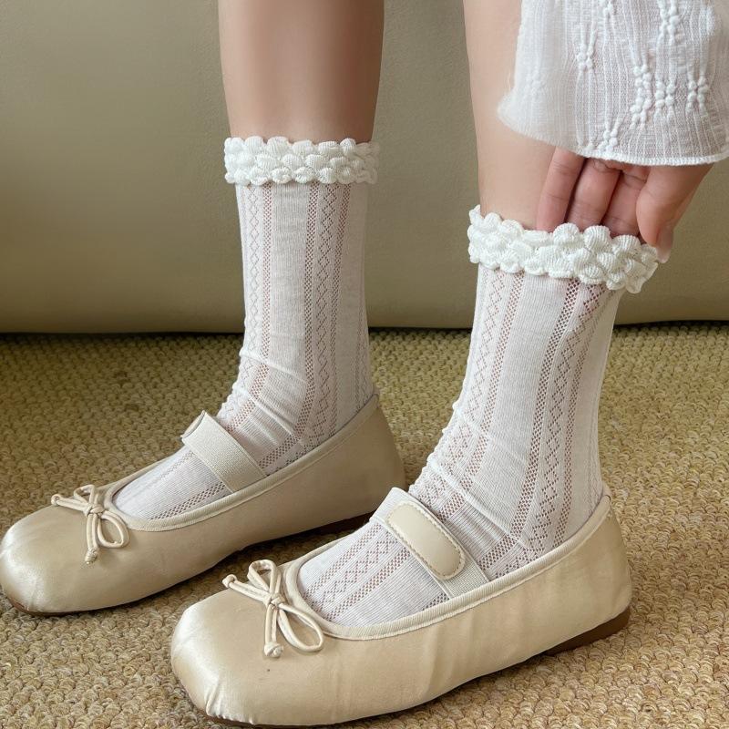 Spring and Summer White Stockings for Children, Long-legged with Geometric Lace Edging, Pure Cotton, Anti-Spangling, Bone-Free Women's Stockings