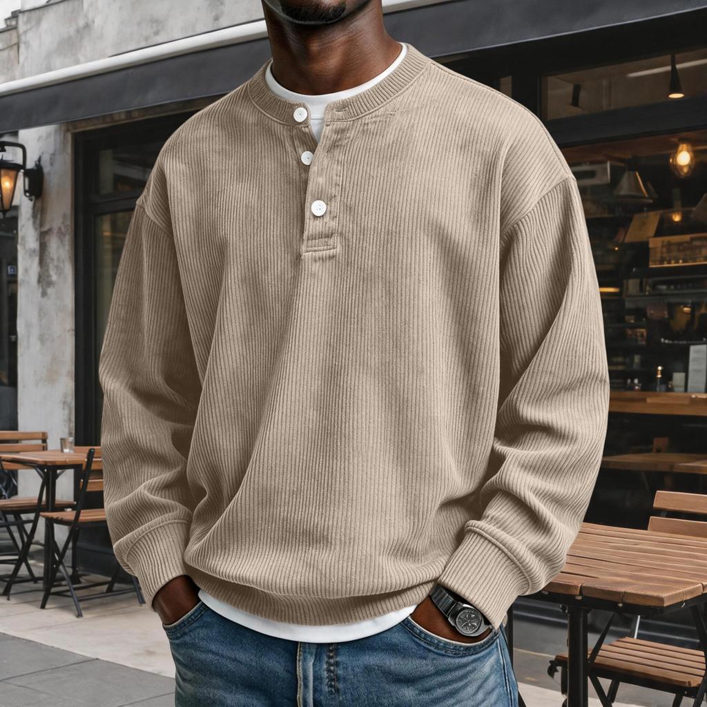 Felpa da uomo casual in velluto a coste con scollo, manica lunga, top pullover a vestibilità larga rétro con abbottonatura, per l'uso quotidiano