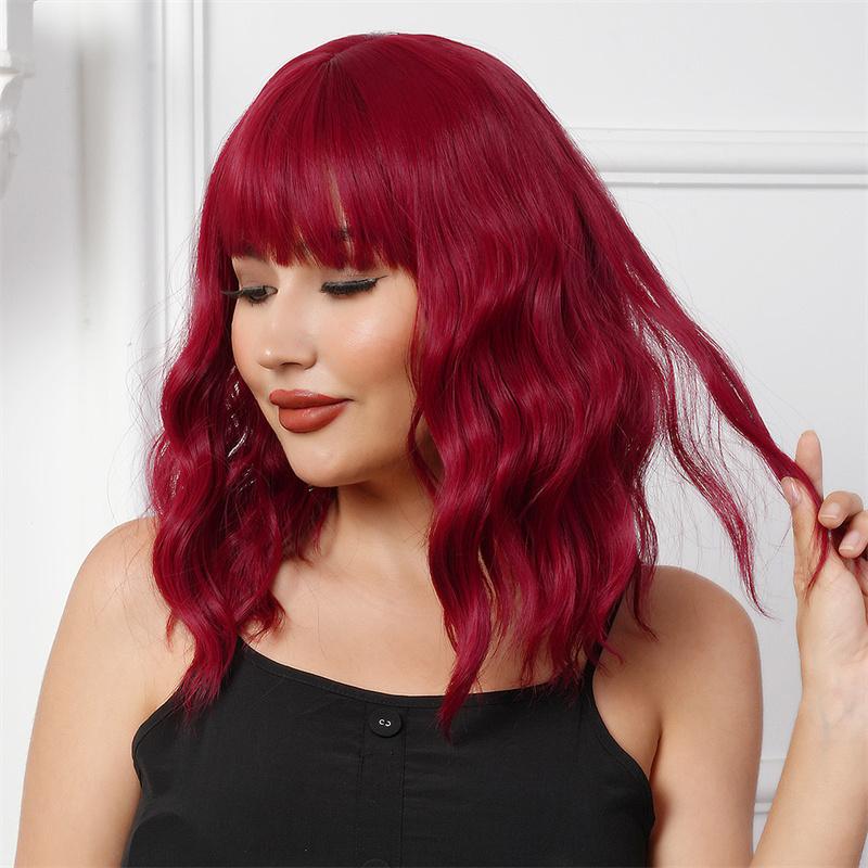 Premium Synthetic Wavy Wigs for Women Long Curly Wig with Bang Medium Water Wave Wig Wine Red Hair Auburn Wig Cosplay Drag Queen