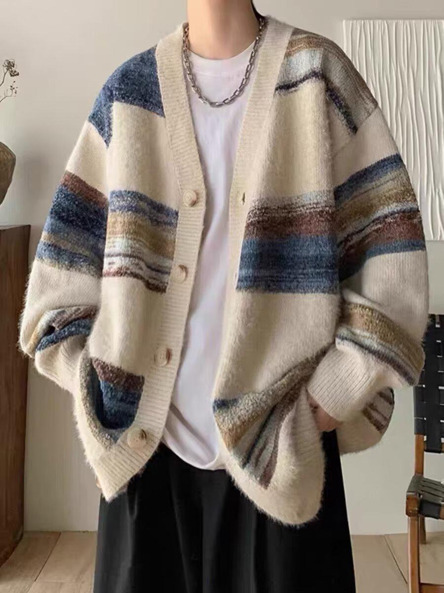 

Мужской кардиган в стиле ретро с полосками и цветными блоками - вязаная куртка на осень/зиму для уютного и стильного образа Large белый