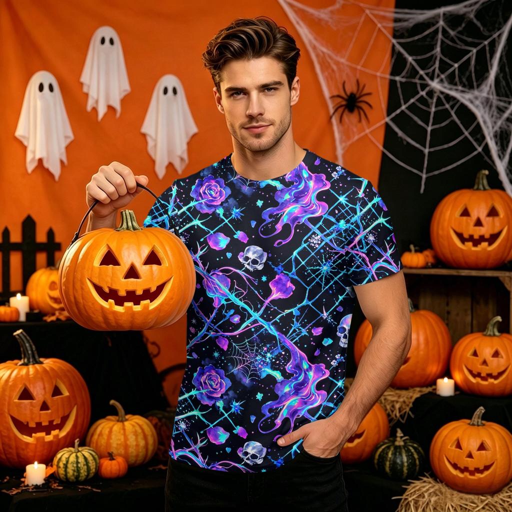 Men's Halloween Printed Short Sleeve Neck T-Shirt for Party Costume