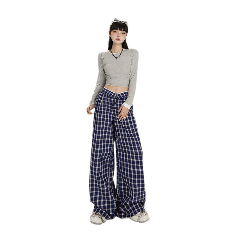 Women's High Waist Plaid Wide-Leg Casual Pants - Autumn Button-Down Style