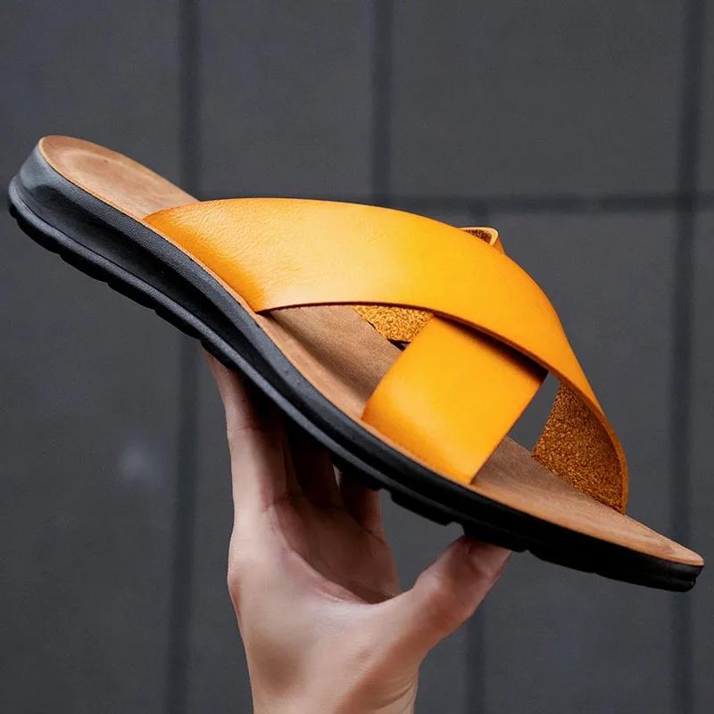 Fashion Men Shoes New  Summer Shoes Italian Leather Slippers Men High Quality Size 38-47 Beach Slip on Flats Man Flip Flops Mens Sandals