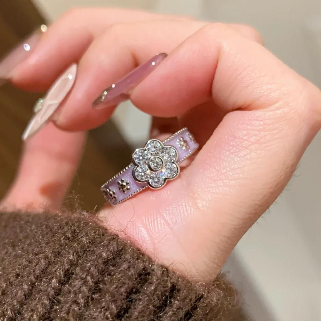 Light Luxury Temperament Oil Drop Enamel Taro Crape Myrtle Wreath Ring French Retro Diamond Drop Lavender Purple Ring