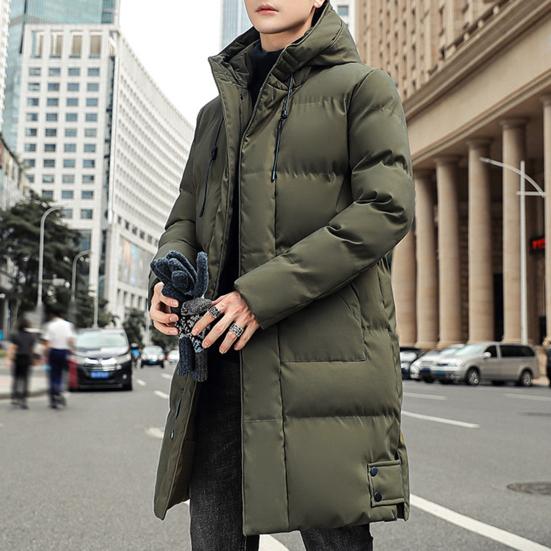 Winter Down Coat Hooded Thickened Solid Color Padded Cardigan Keep Warm Midi Length Zip Up Plus Size Men Winter Coat for Daily Wear