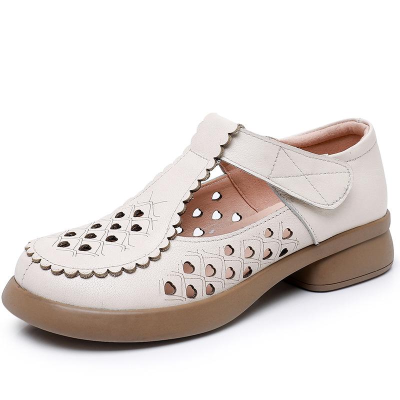 Fashion GKTINOO Genuine Leather Closed Toe Sandals 2025 Summer Hollow Thick Heels Mary Janes Hook &Loop Women's Shoes Large Size