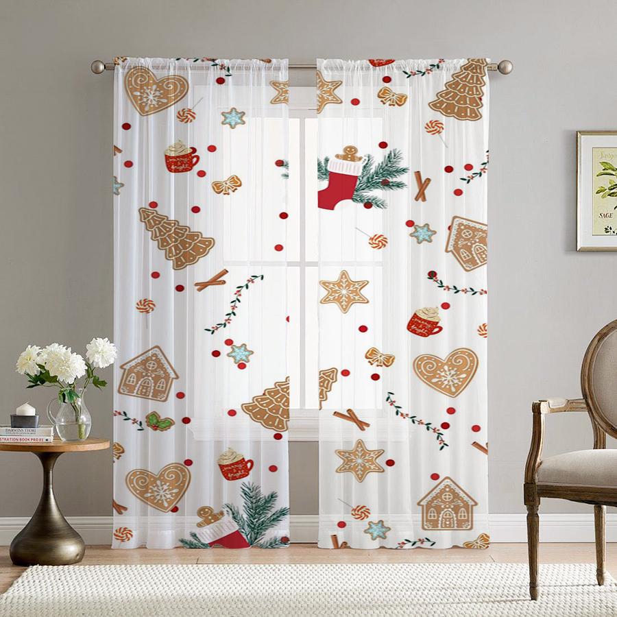 2PCS Sheer Curtains Christmas Gingerbread House Cookie Candy Print, Window Voile Panels for Bedroom Living Room Xmas Decor
