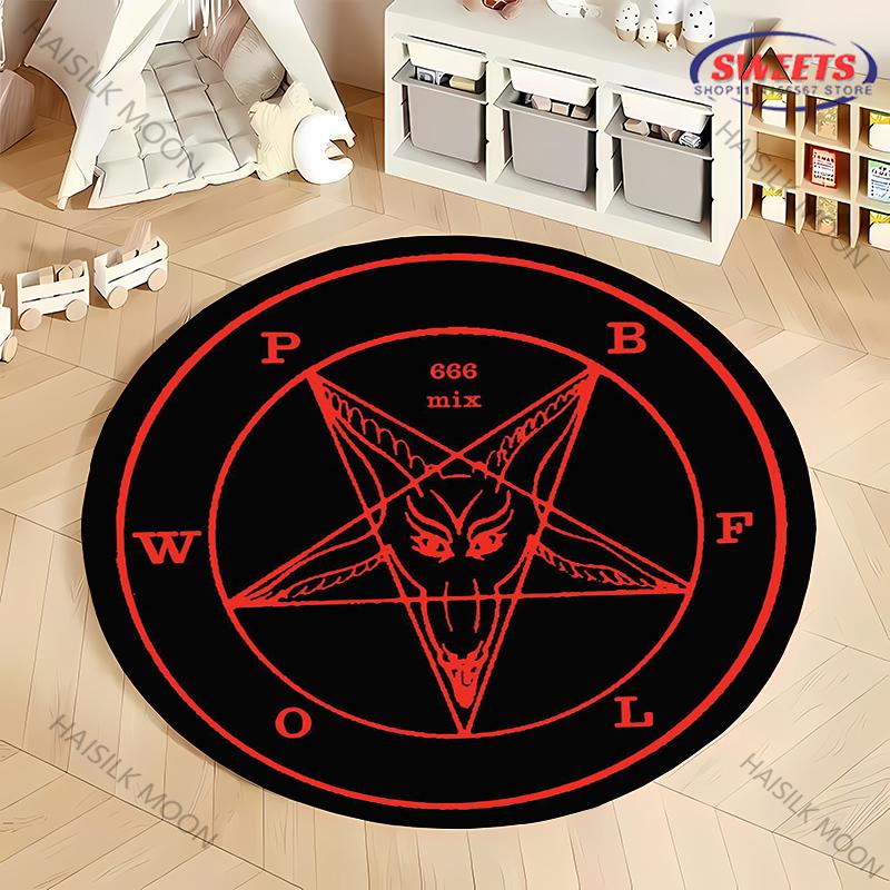 Dywaniki okrągłe z nadrukiem pentagramu z głową kozła 666 i 999, tajemnicze okrągłe dywany odpowiednie do pokoi, salonów, pokoi komputerowych, prezent