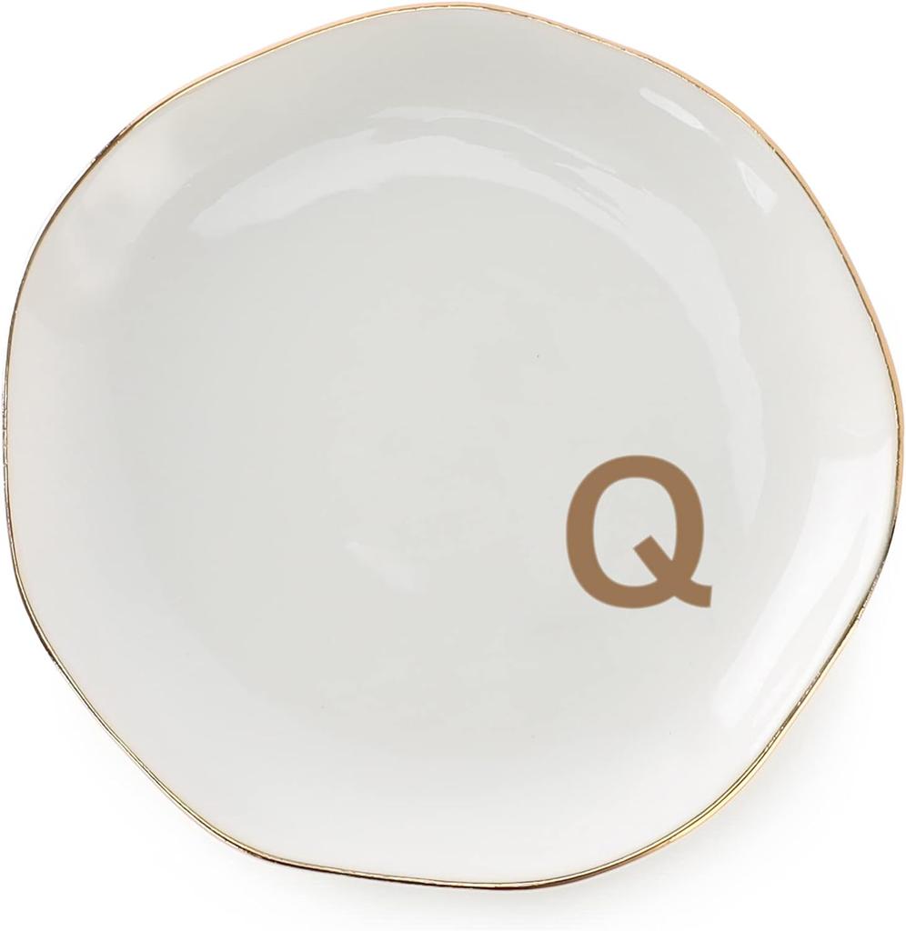 Initials Ring Dish Jewery Tray with Personalized A-Z Monogrammed Gifts Wedding Engagement for Women Friends sister,Ceramic White