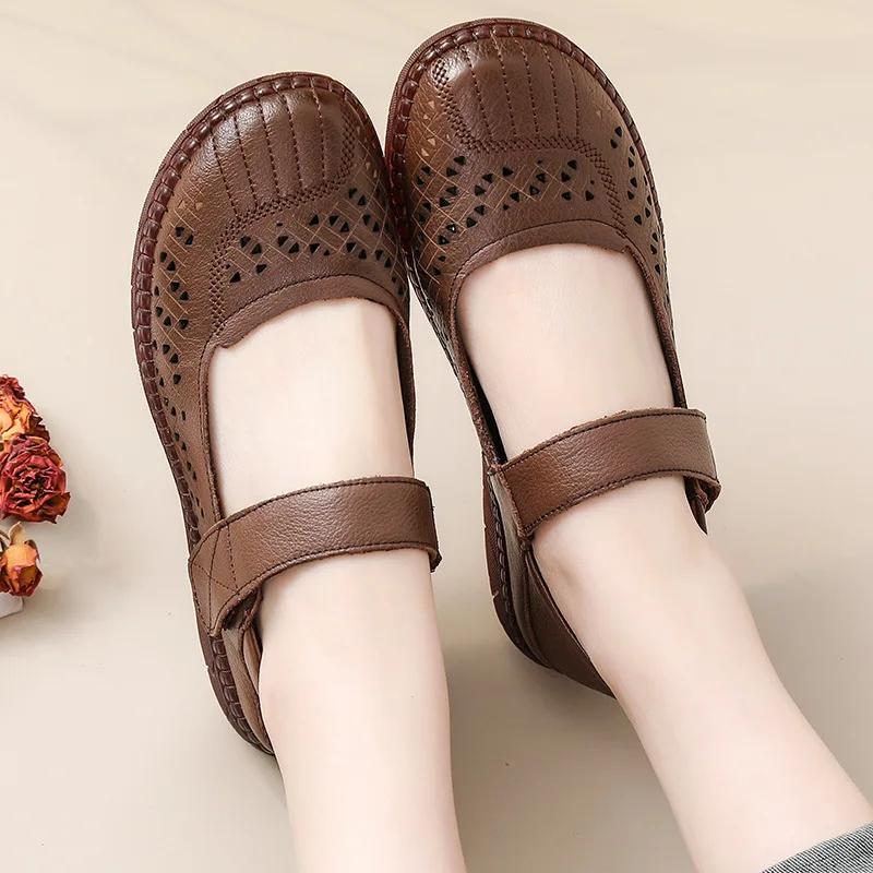 Fashion Comfort Soft Cowhide Women's Shoes Spring Thick Soled Sandals Women's Genuine Leather Mother's Shoes Retro Hollow Single Shoes