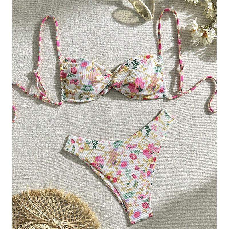 Sexig Tryckt Uppsnörad Bikini 2-delat Set Ny Sommarbadkläder Bikini Set Dam Delad Baddräkt Hög Midja Strandkläder