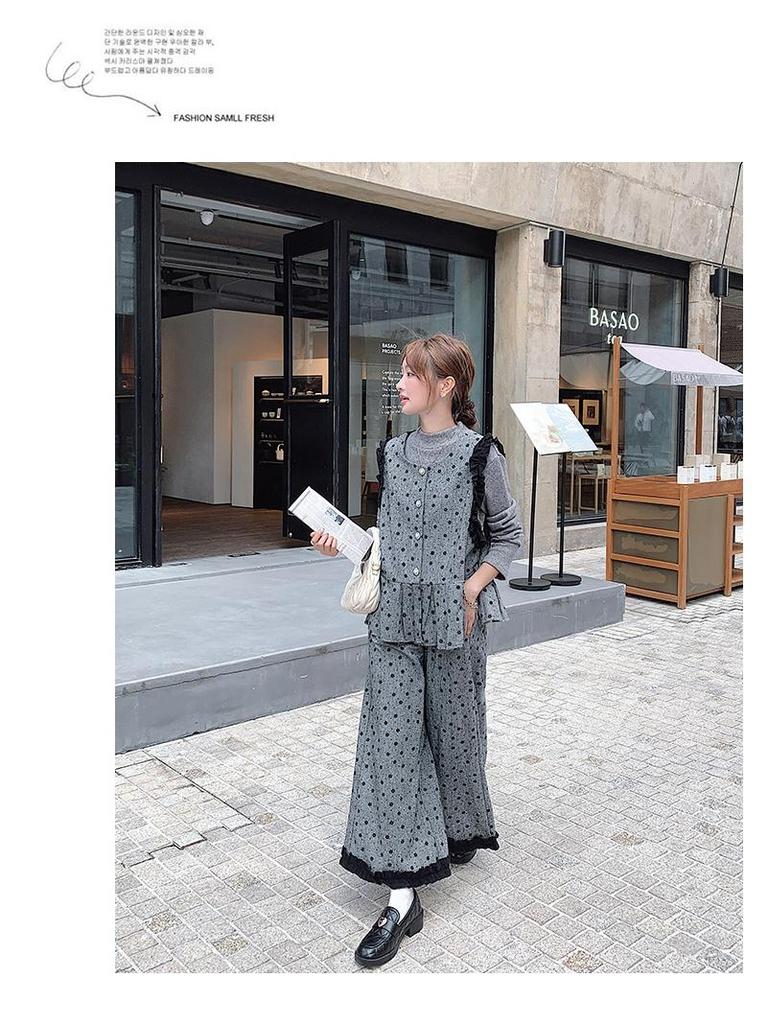 Damesett i koreansk stil med grå polkadotter, tredelt vestdrakt - Elegant høst/vinter moden stil