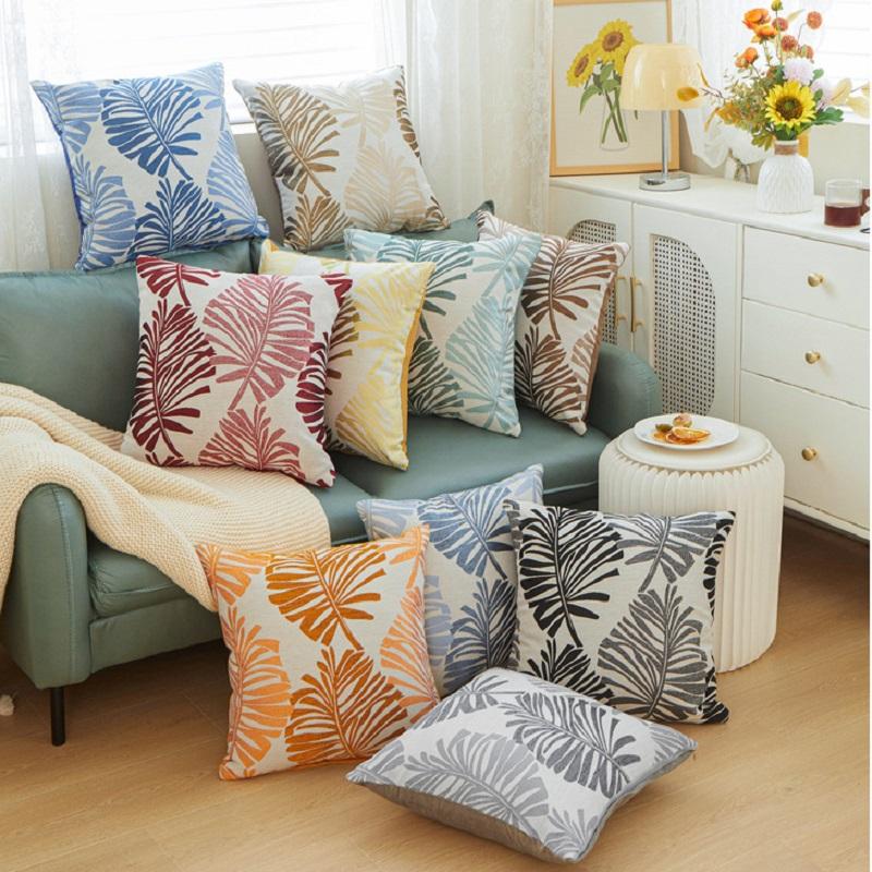 45X45Cm Throw Pillow Case Leaf Pattern Square Decorative Embroidery Jacquard Cushion Cover For Farmhouse Home Holiday Decor Blue