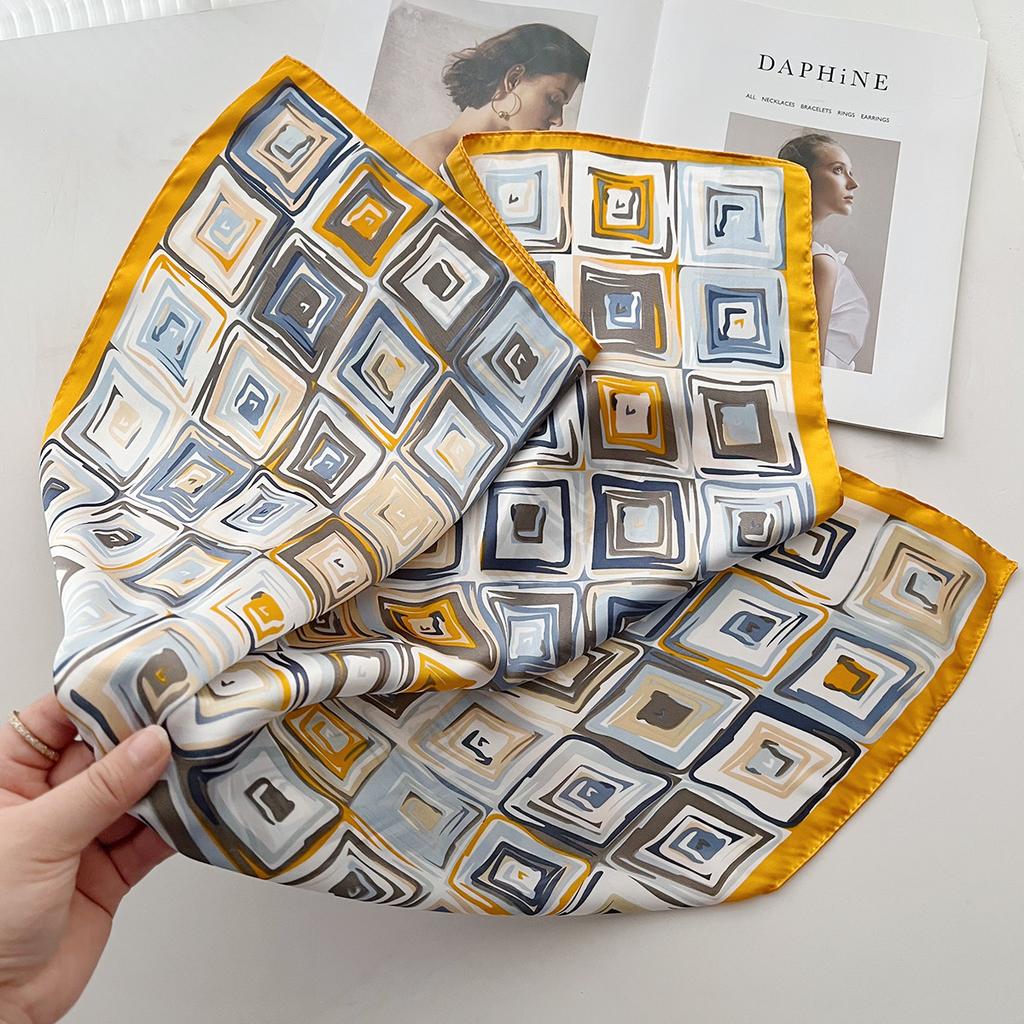 Literary Geometric Square Color Matching Trend Printing Small Square Scarf Temperament Multi-Functional Shawl Foreign Style Silk Scarf
