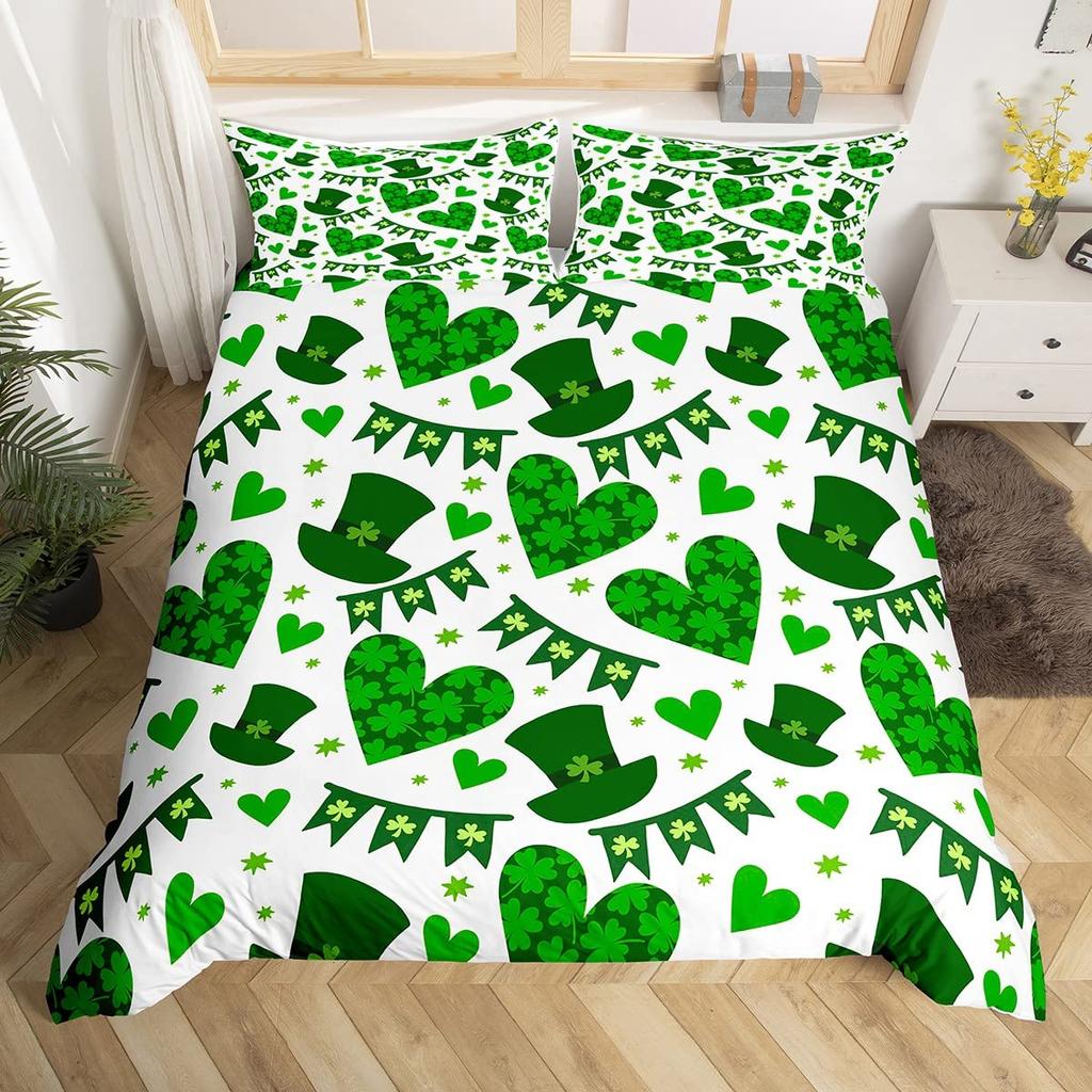 St. Patrick's Day Duvet Cover Cute Cats Rainbow Bedding Set Retro Lucky Clover Polyester Quilt Cover Cute Animal Comforter Cover