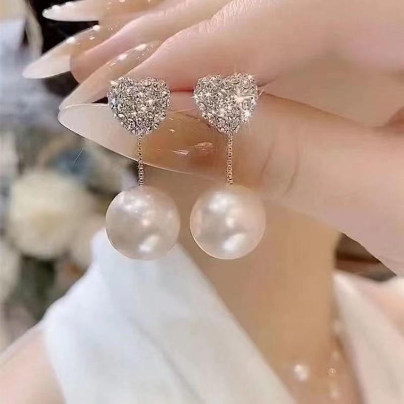 Pearl and Diamond Heart Earrings with Niche Silver Needle Studs, 2022 Trendy Design for Girls.