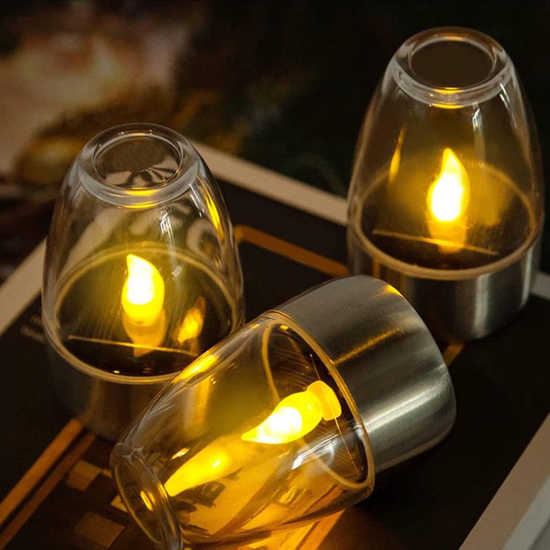 Solar LED Garden Candle Light - Stainless Steel & Glass Lawn Decoration