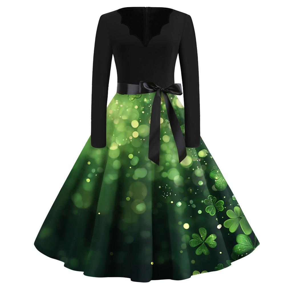 Women's Fashion V-neck Casual Slim St. Patrick Print Long-sleeved Dress