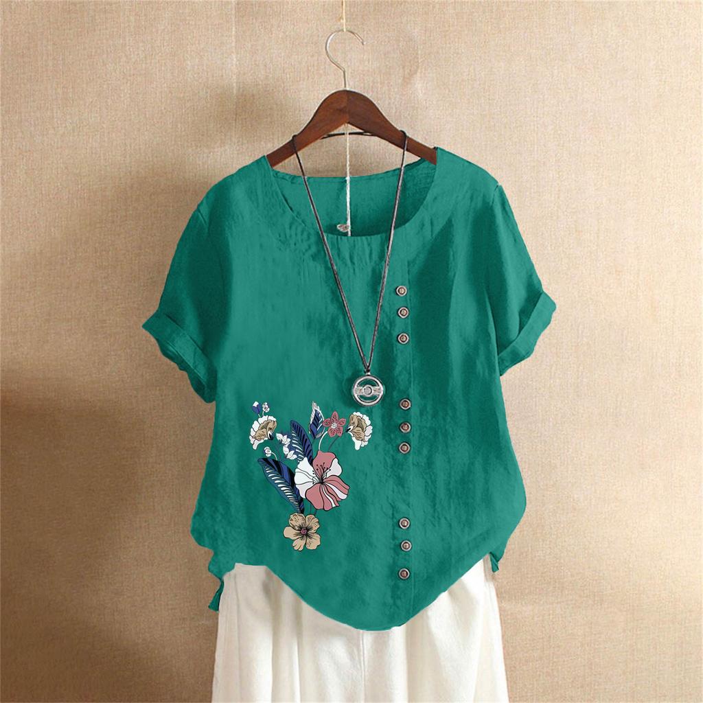 Letnia oversize'owa bawełniano-lniana koszulka z krótkim rękawem, Bawełniano-lniana drukowana oversize'owa odzież damska