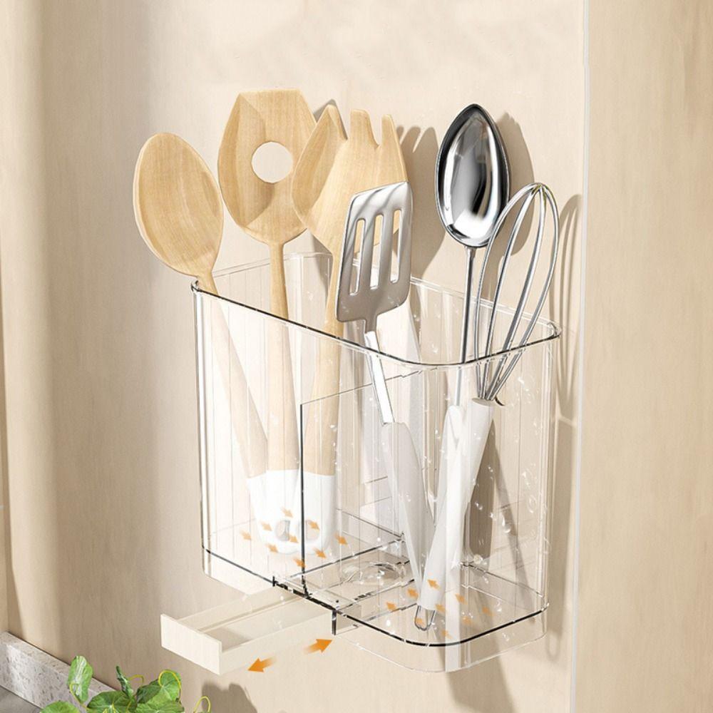 Plastic Chopstick Storage Box Wall Mounted Large-Capacity Spoon Storage Rack Punch-free Drainage Chopstick Cage for Household