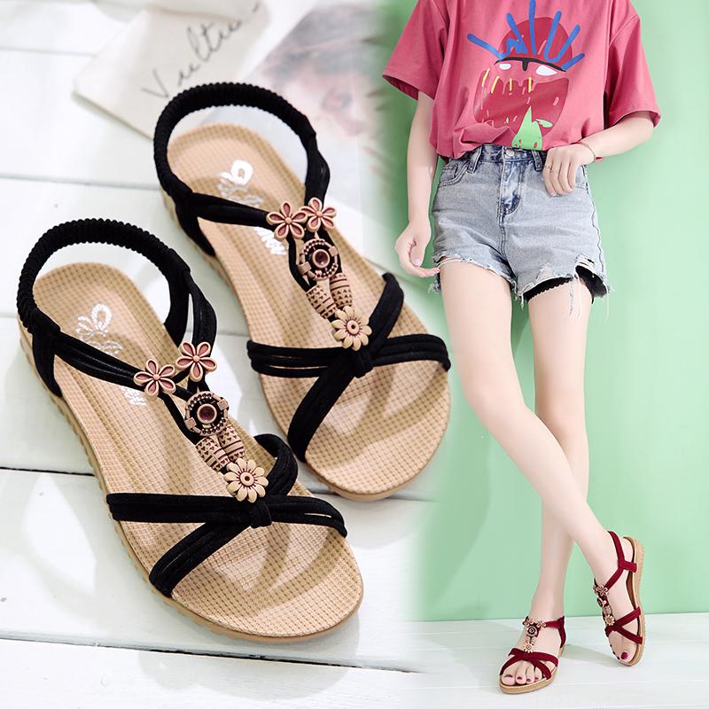 Summer New Women Flat Sandals Bohemia Flat Roman String Beads Sandals with Non Slip Ladies Daily Sandalia for Women