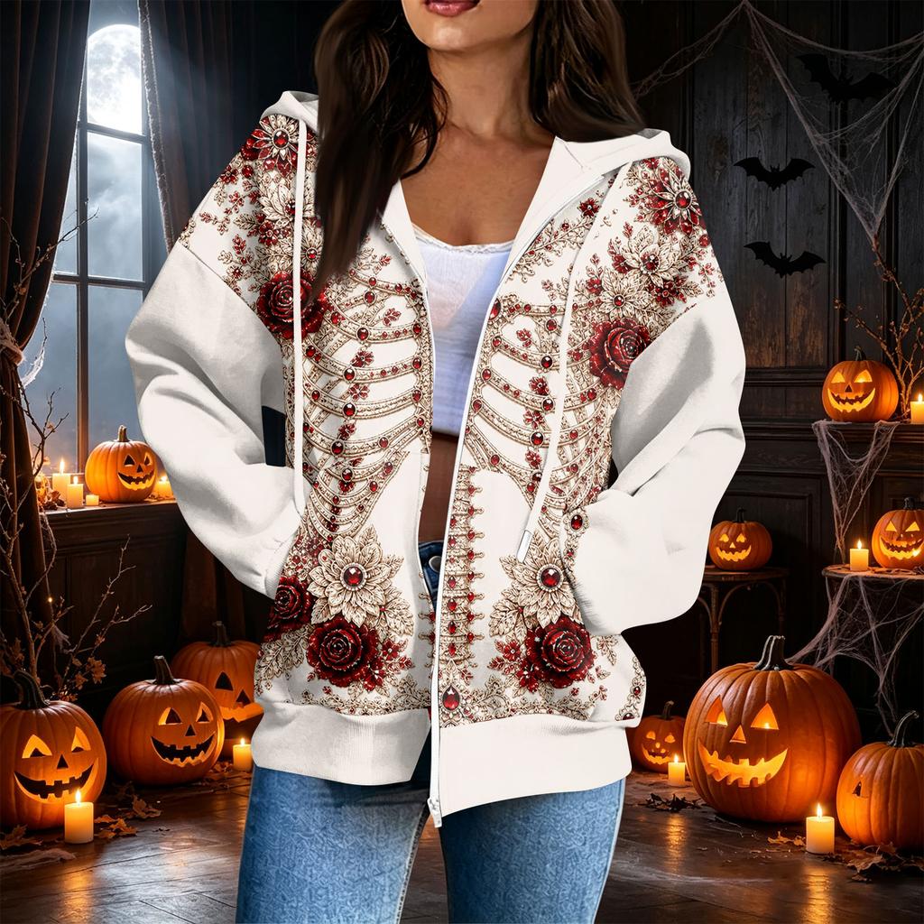 Damen Casual Halloween-Print Langarm Reißverschluss Hoodie Sweatshirt für Herbst und Alltag