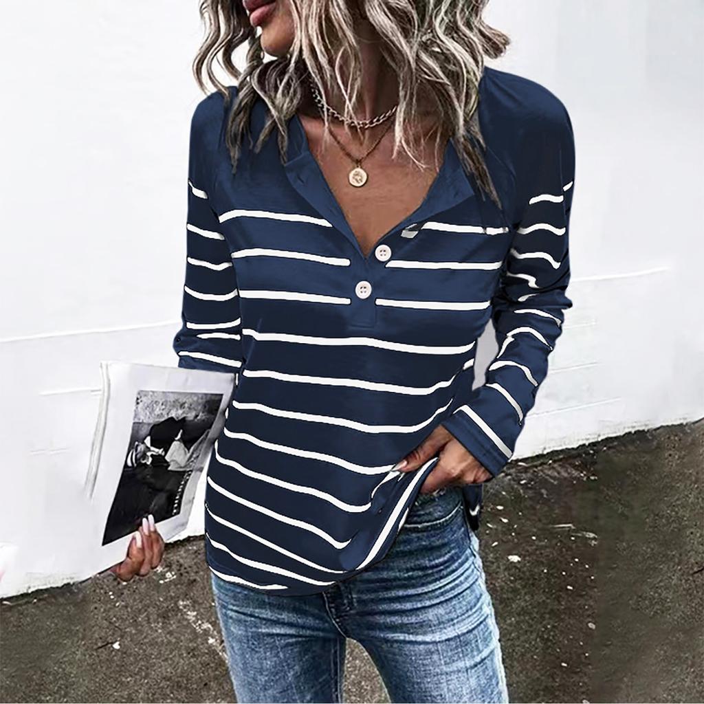 Ladies Casual Striped Round Neck Button Casual Loose Long Sleeve T-Shirt