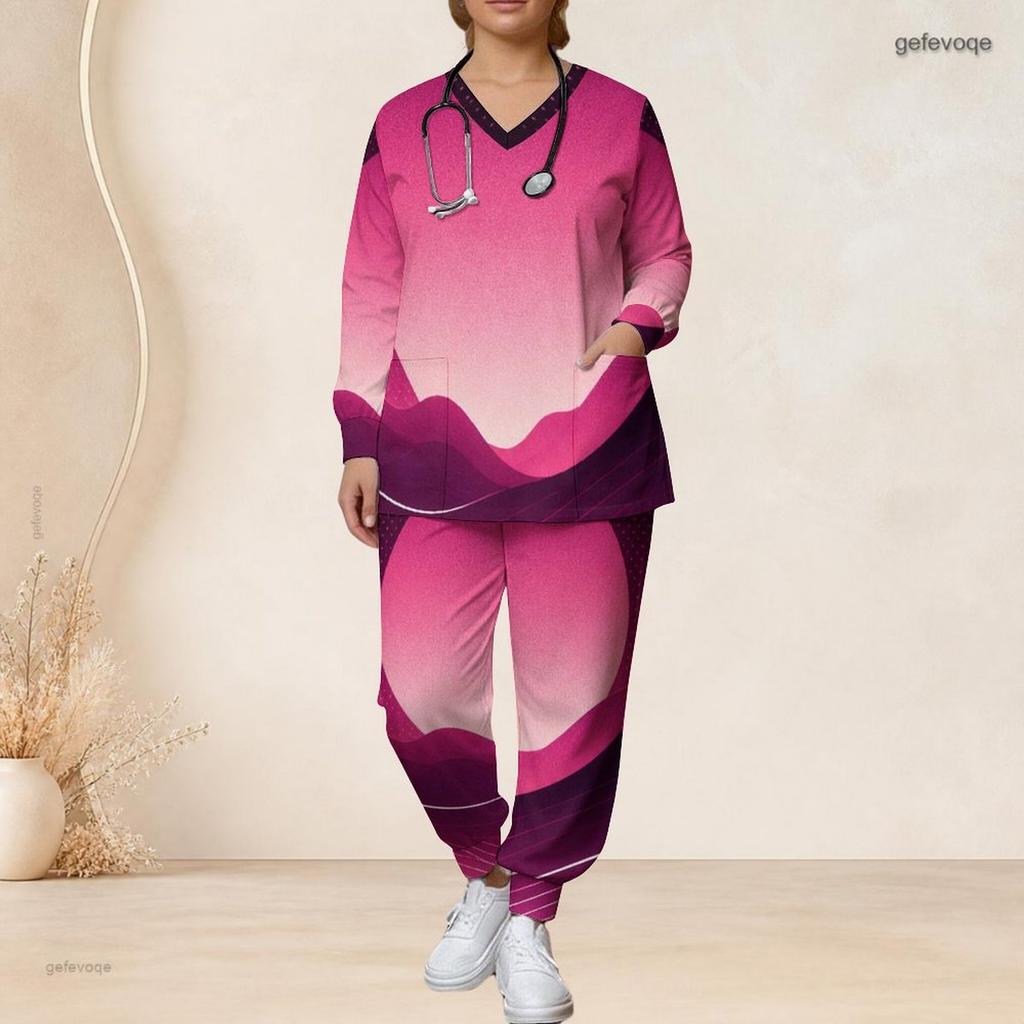 Women Plus Size Nurse Scrub Set V Neck Long Sleeve Printed Pink Purple Pockets Two Piece Outfit