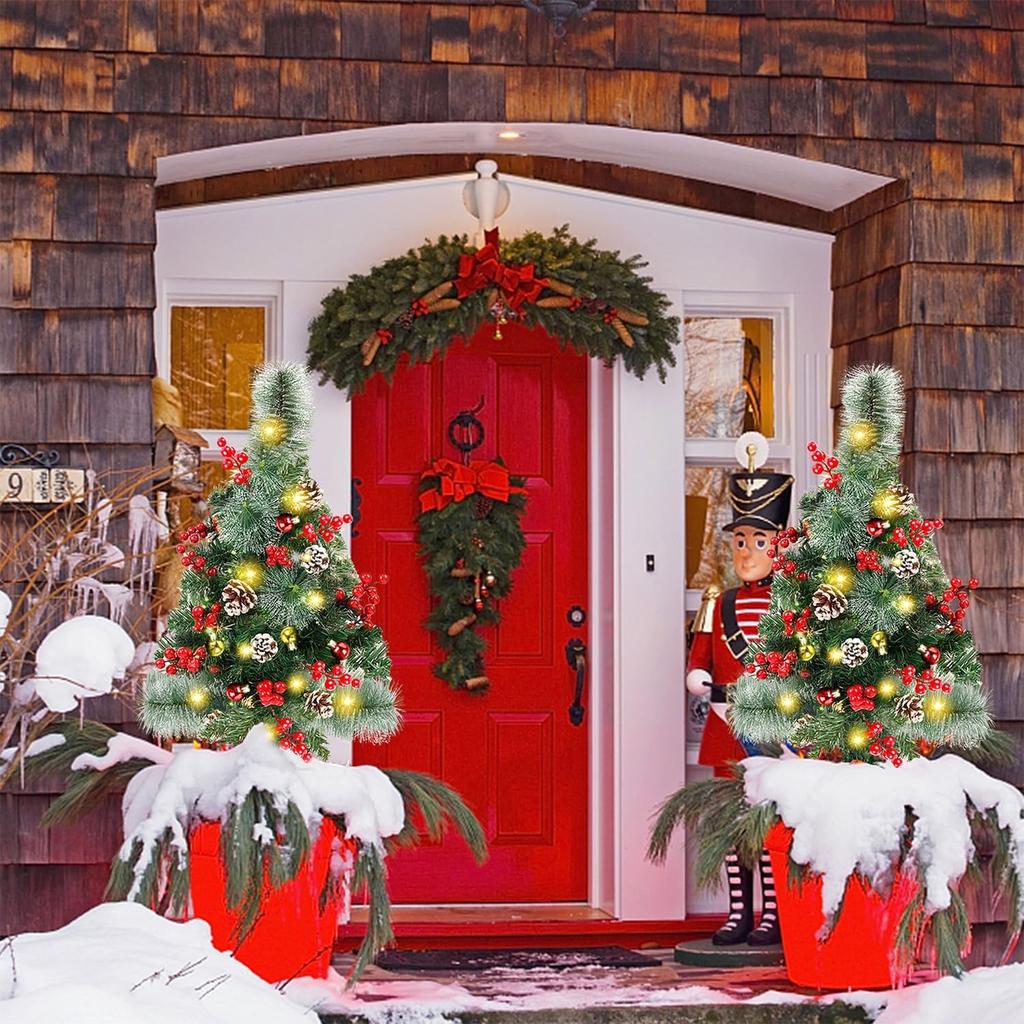 2 Pack 30' Pre-Lit Christmas Trees, LED Lights, Red Berries, Pine Cones, Battery Operated Yard Decor