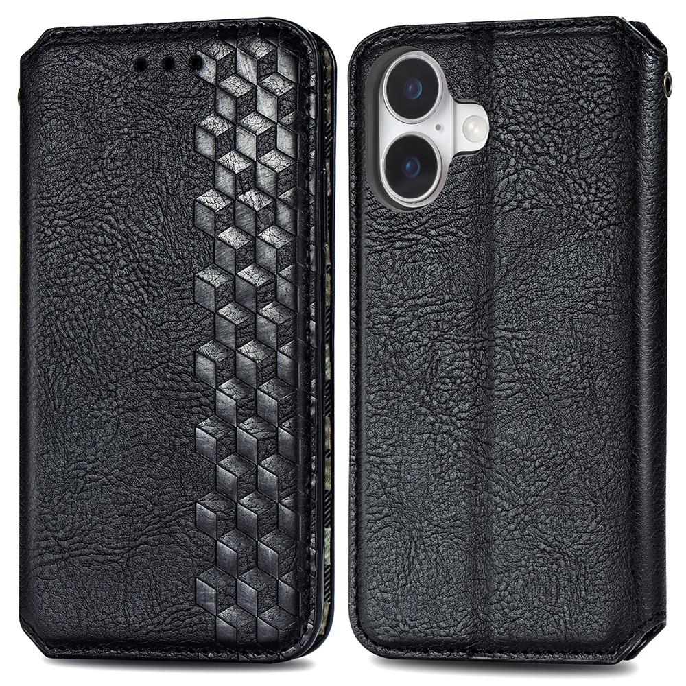 

For iPhone 16 Plus PU Leather Case Rhombus Imprint Wallet Stand Phone Cover Black