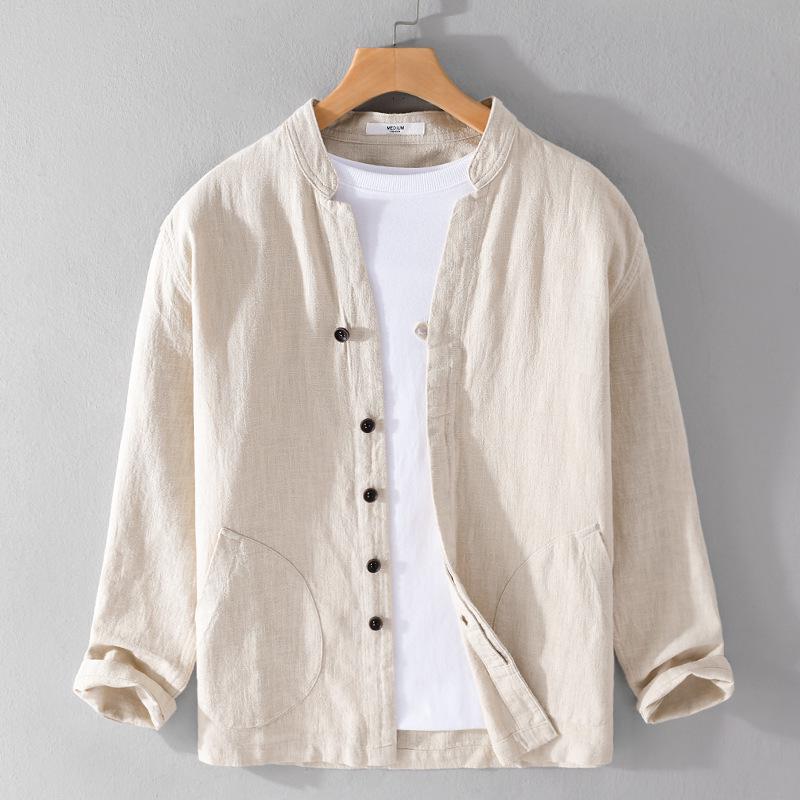 Men's Ramie Linen Stand Collar Shirt - Spring/Summer Casual, Loose Fit, National Style