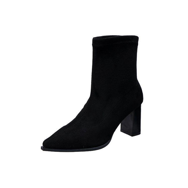 Commuter Temperament French High-heeled Short Boots Women's 2025 New Suede Martin Boots Pointed Thick Heel Elastic Thin Boots