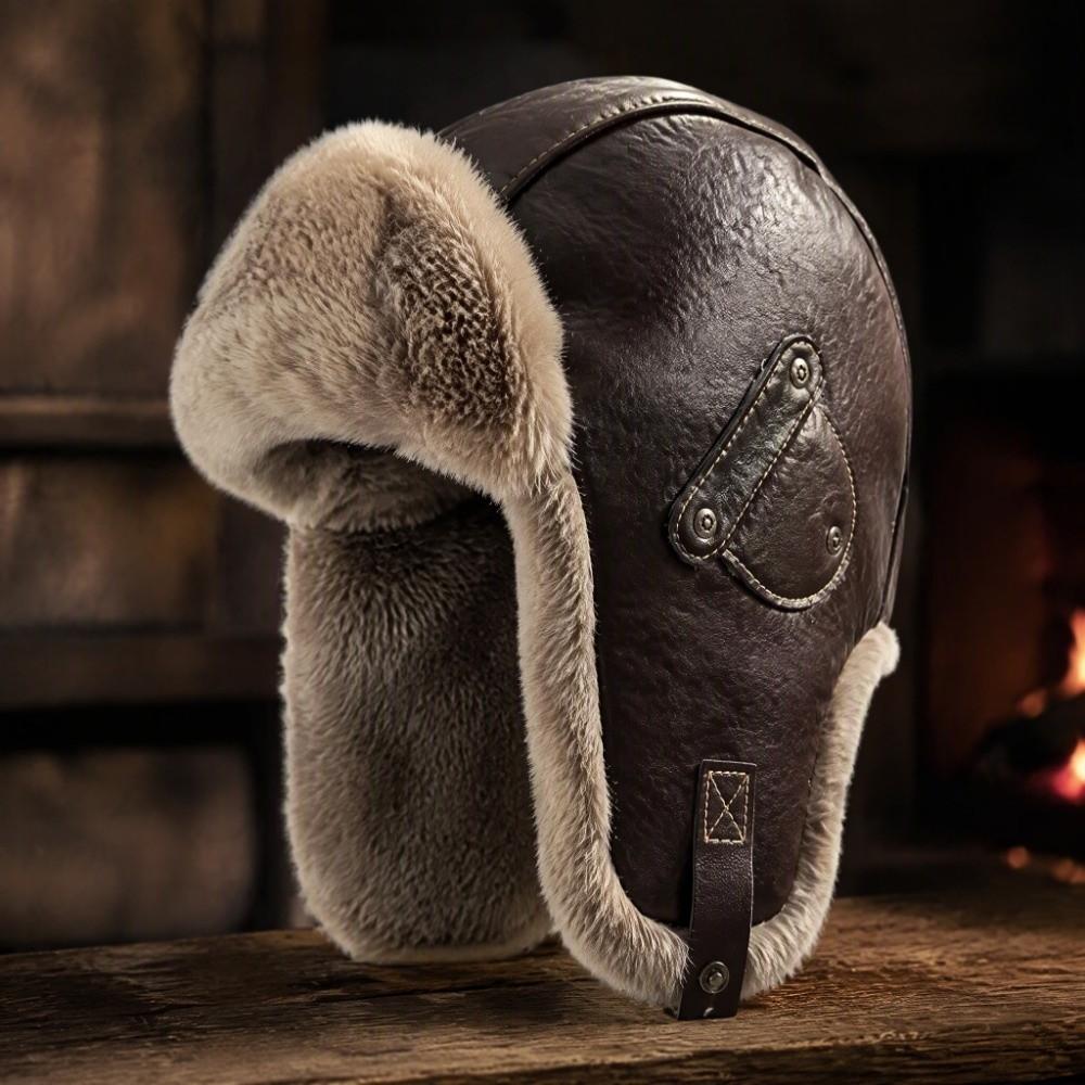 Vintage Pu Leather Pilot Hat Thicked Ear Protection Hat Neutral Winter Ski Cap Cycling