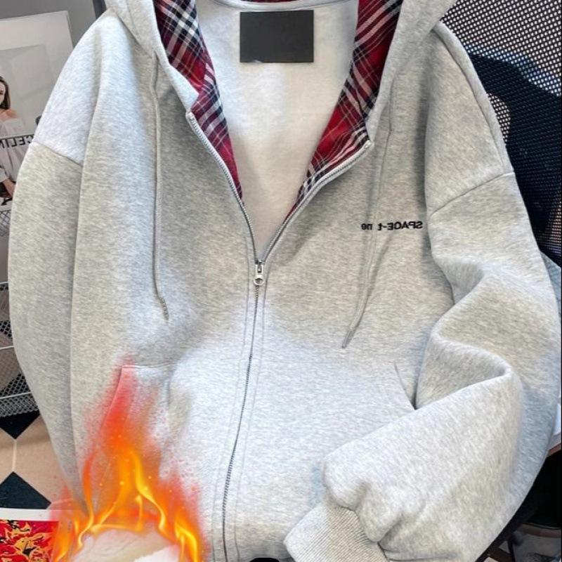 2024 Autumn/Winter Designer Fleece-Lined Retro Plaid Patchwork Hoodie