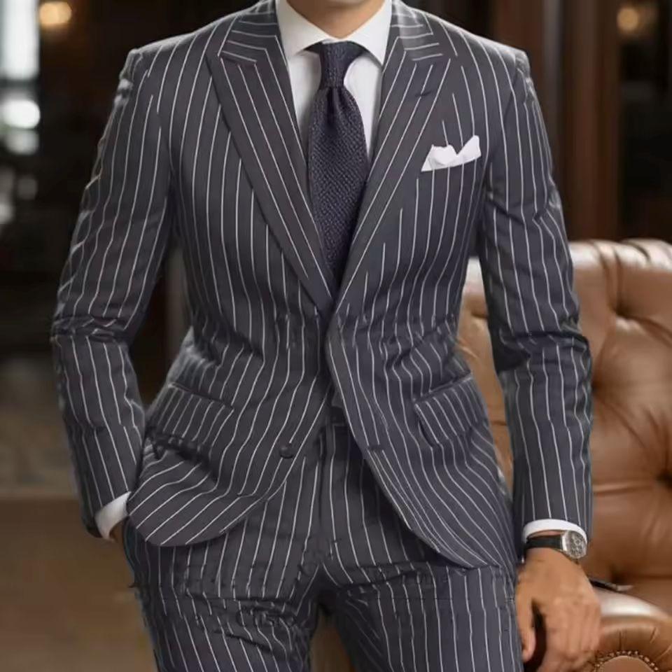 Fashion Double Breasted Peaked Lapel Blazer Royal Blue Striped Men's Suits Custom Wedding Tuxedos 2 Pieces Jacket Pants Outfits