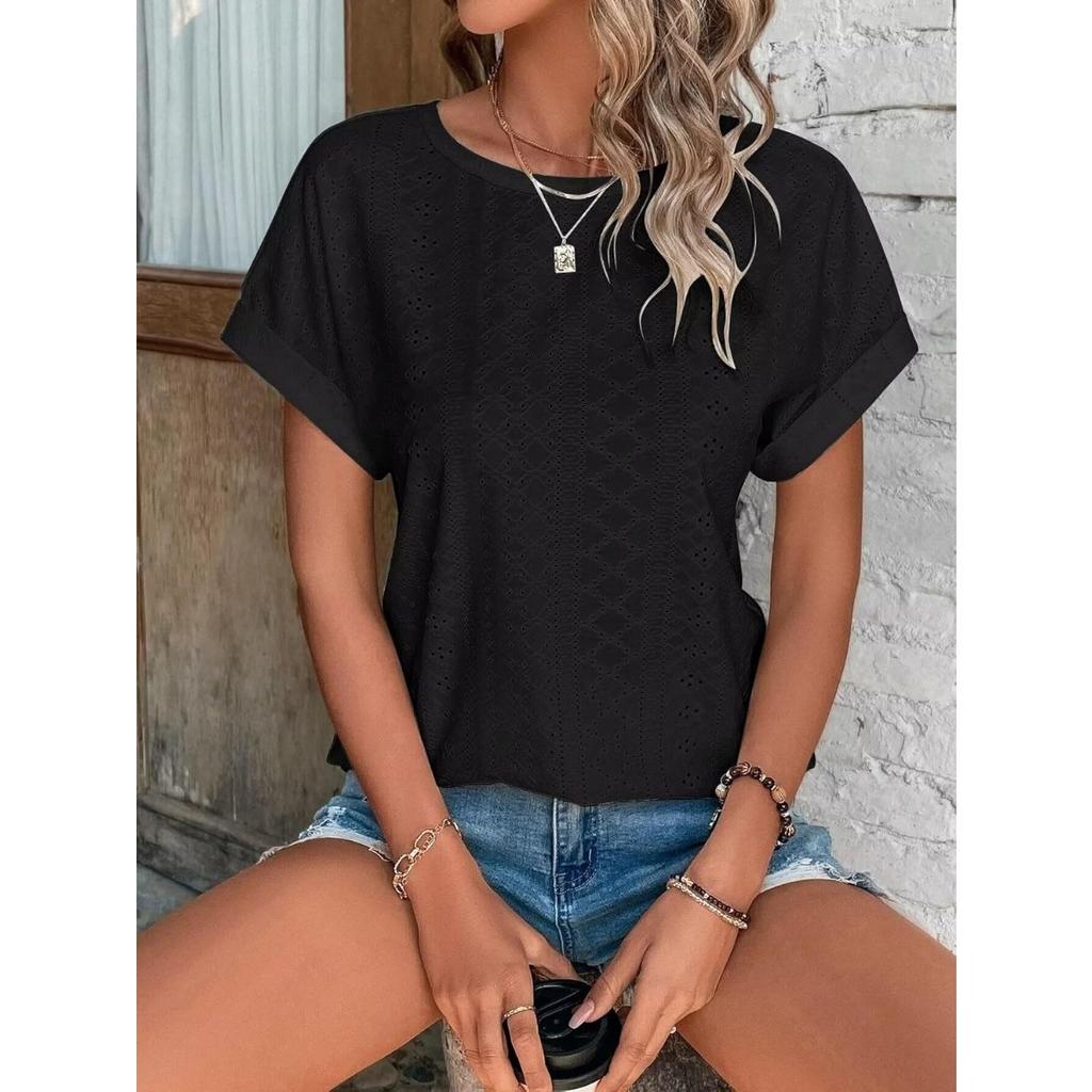 Top Eyelets Summer Spring Curved Hem, Casual Women's Short Sleeved Fashionable T-shirt Beach Vacation Short Style