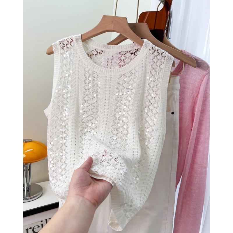 

Ажурный вязаный жилет женский летний новый топ без рукавов с круглым вырезом XL