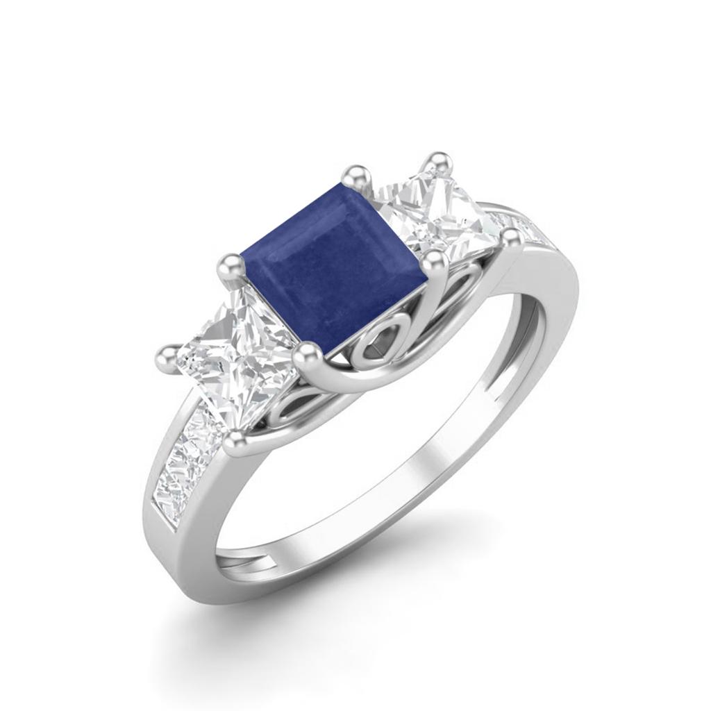 2.75 Cts Square Three Stone Blue Sapphire 925 Sterling Silver Women Engagement Ring