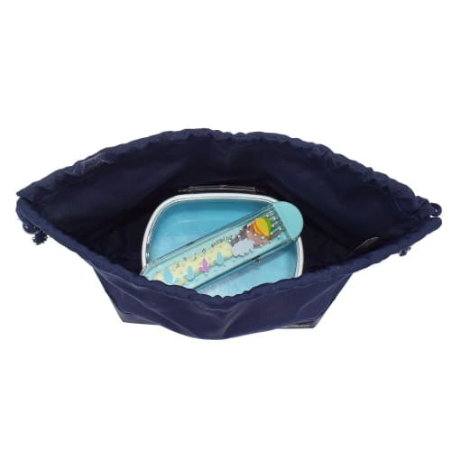 COLORFUL CANDY STYLE Drawstring Lunch Bags, Medium Gusset (with Name Tag), Water-Repellent, No-Iron, Deep Navy, Set of 3, for Girls and Boys, Stylish