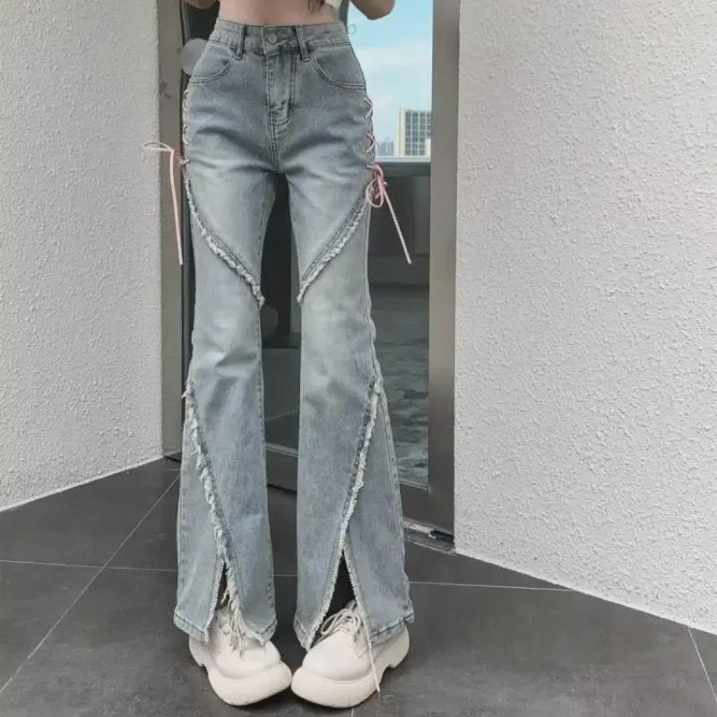 Women's High-Waisted Flare Jeans - Slim, Elastic, Strappy Design, Split Hem, Perfect for Autumn.