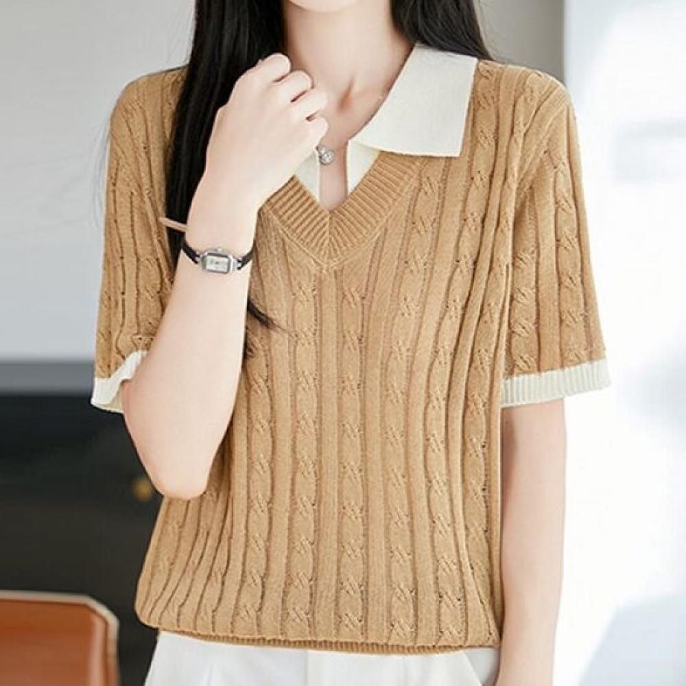 Navava Women Cable Knit Contrast Collar Short Sleeve Knitwear Nk3686