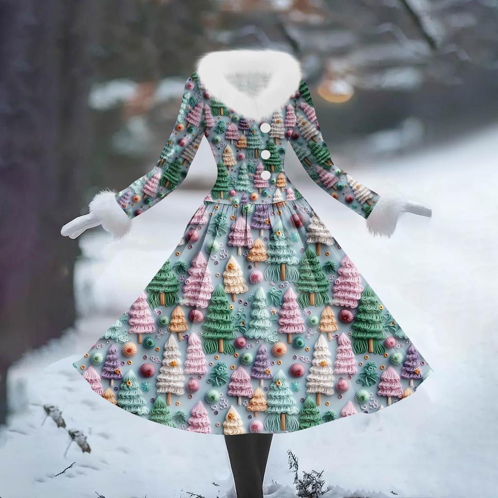 Women's Casual Dress Long-Sleeve V-Neck Patchwork Fleece Christmas Print Dress