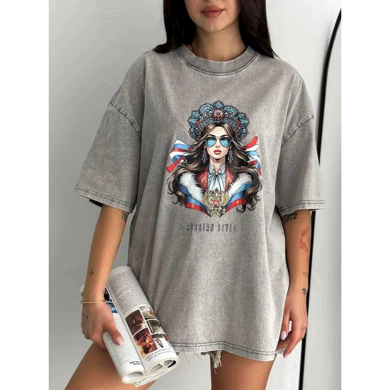 Fashion Printed Crewt-Shirt European and American Fashion Casual Washed Distressed Print Short Sleeve Cotton T-shirt